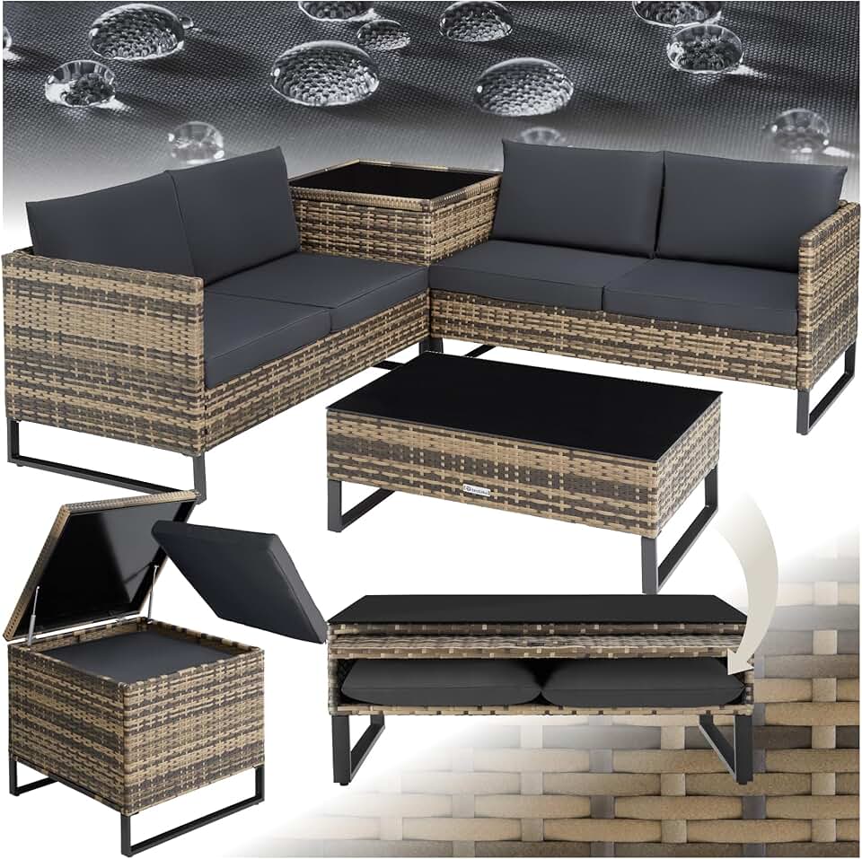 etevert - Ensemble modulable 4 places rotin, table basse, coffre, coussins
