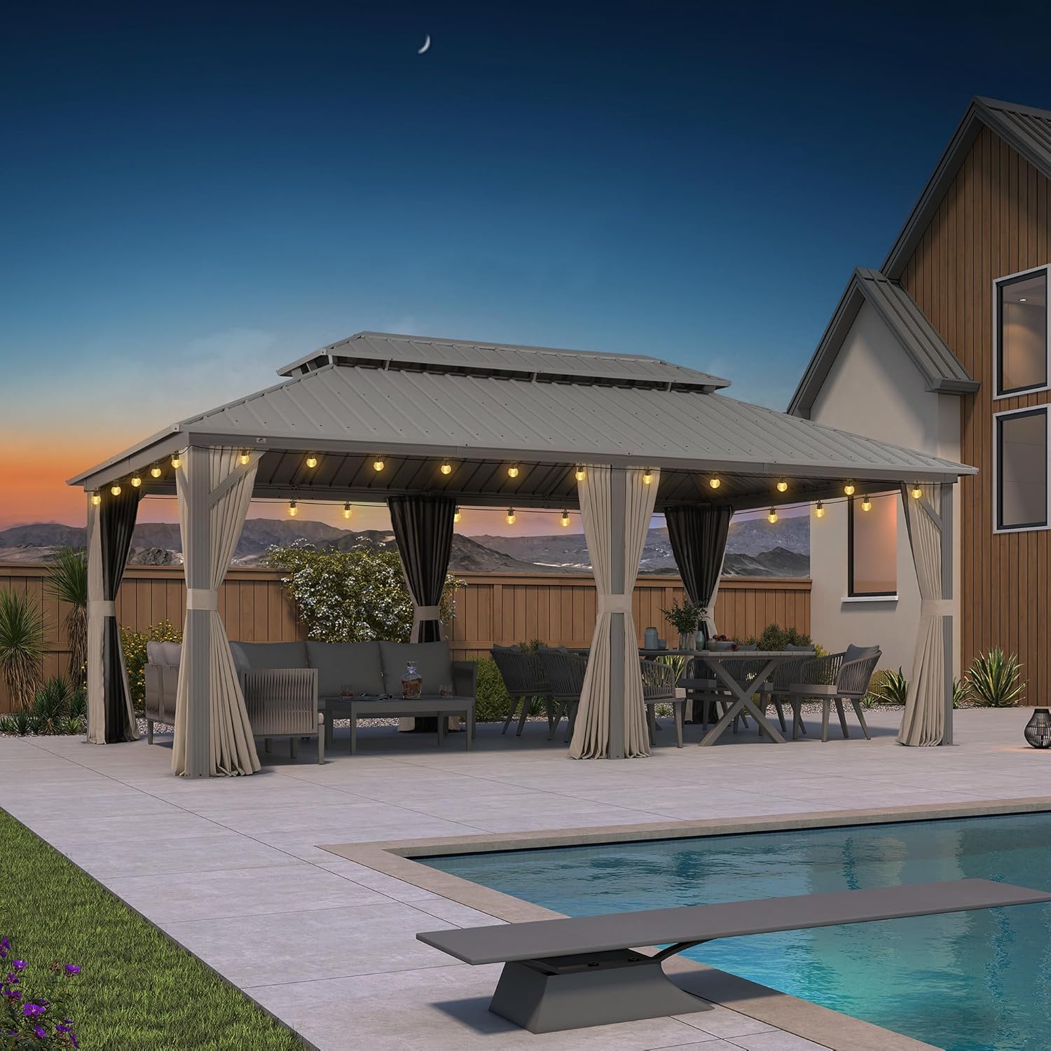 etevert Tonnelle de Jardin Extérieur 6 x 3,65 m avec Guirlande Lumineuse, Pergola Aluminium à Toit Rigide en Acier Galvanisé, Pavillon Imperméable pour Camping, Fête, Barbecue, Champagne