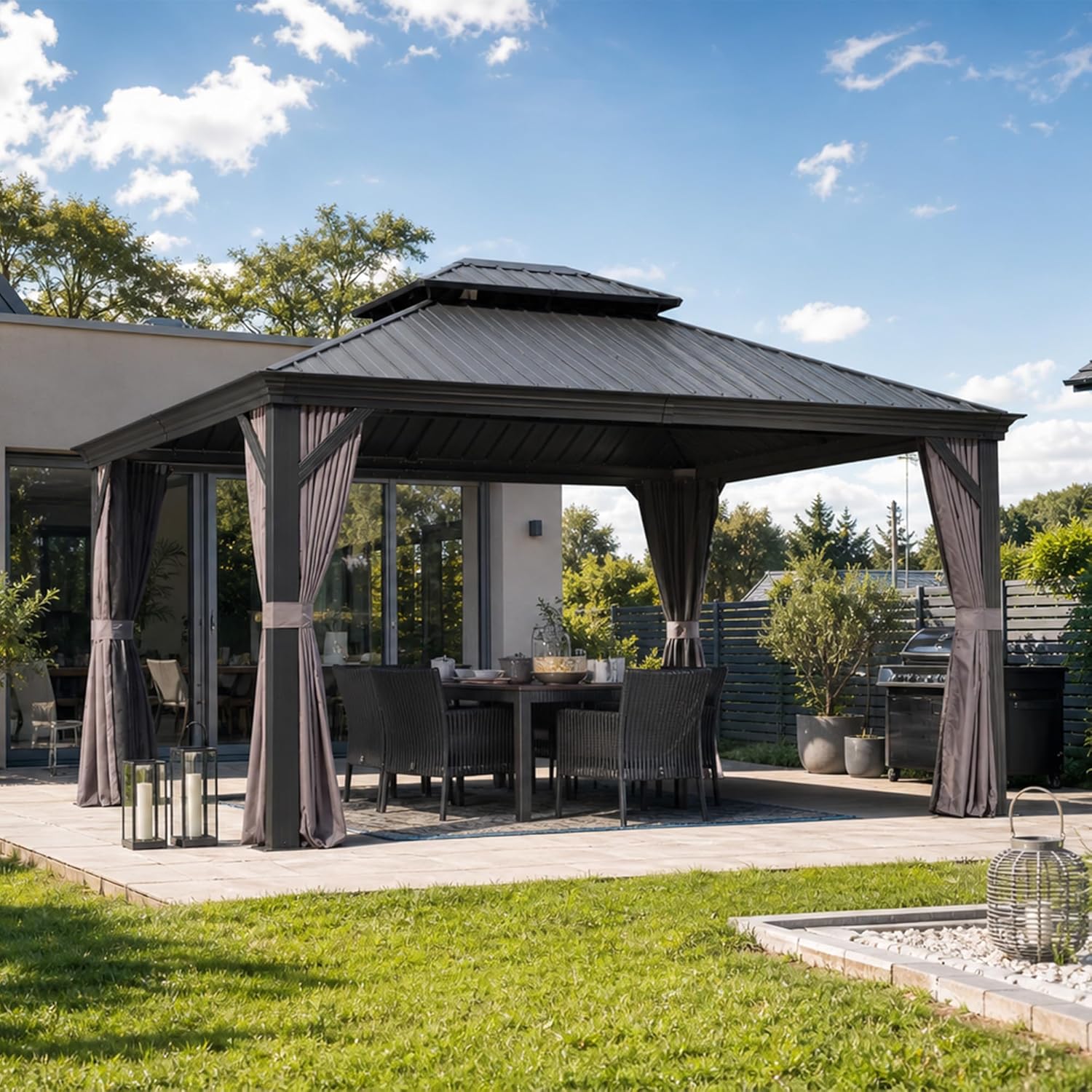 etevert - tonnelle jardin - 4,25x3,65m - toit acier, moustiquaire, rideaux, poteaux renforcés