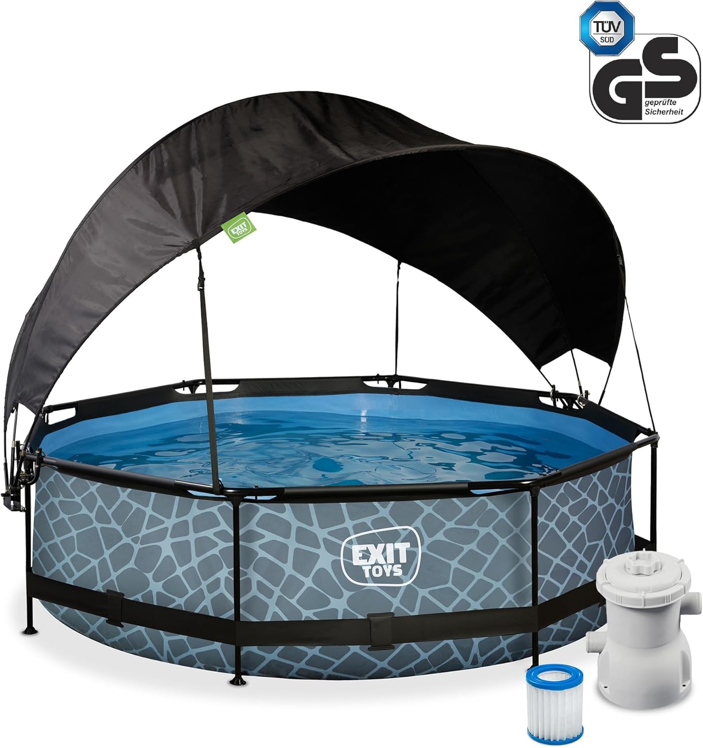 etevert Piscine Stone avec Voile d'Ombrage - ø300x76cm - Piscine Hors Sol Ronde avec Pompe Filtrante à Cartouche - Protection Optimale Contre Les Rayons UV - Entrée Basse - Design Unique - Gris