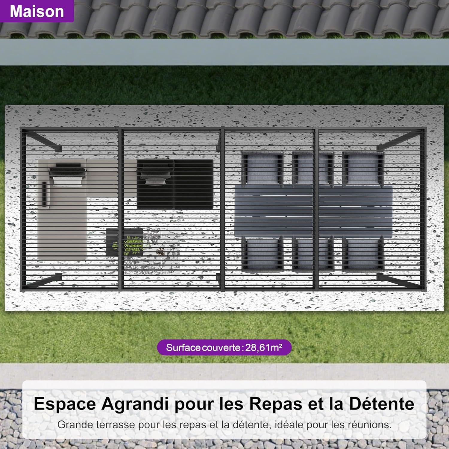 etevert - Pergola bioclimatique série - 3,5x8,5m - aluminium, lames orientables, jardin, terrasse, gris