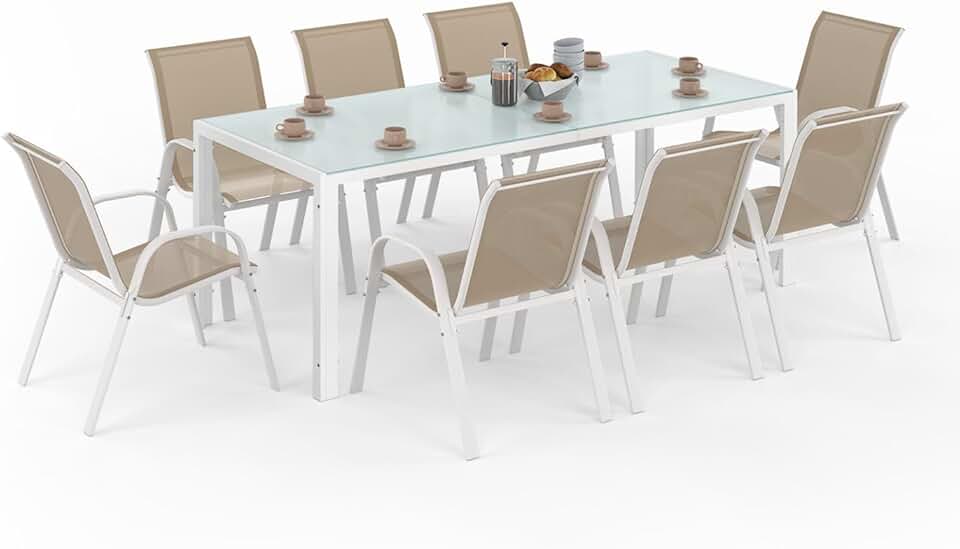 etevert - Madrid salon jardin, table 190 cm, 8 chaises empilables, blanc/beige