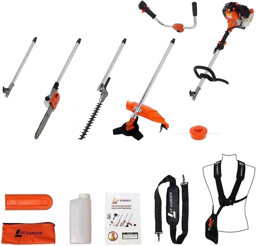 etevert - multifonction 4 en 1 thermique - 3 outils + rallonge - tronçonneuse, débroussailleuse, taille-haies