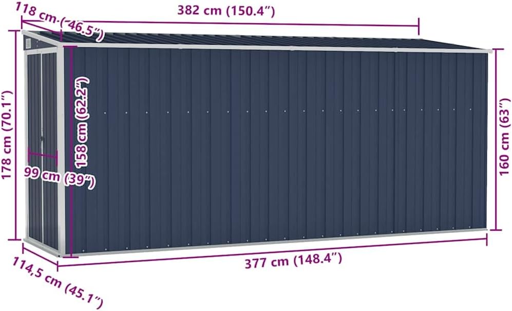 etevert Abri de Jardin Mural Anthracite 118x382x178 cm Acier,Maison & Jardin, Pelouses & Jardins, Vie en extérieur, Structures extérieures, Cabanes & abris de Jardin, Anthracite (Poids 47.9KG)