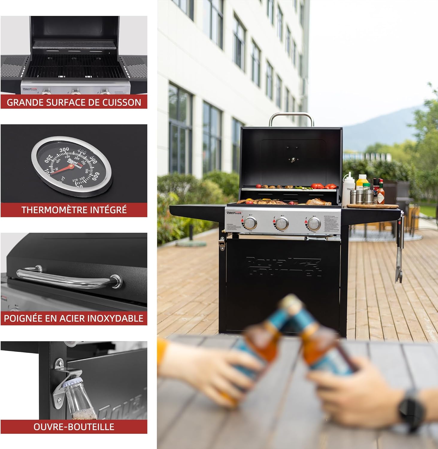 etevert – BBQ Gaz 3 brûleurs – 9kW – chariot, capot, grilles, jardin