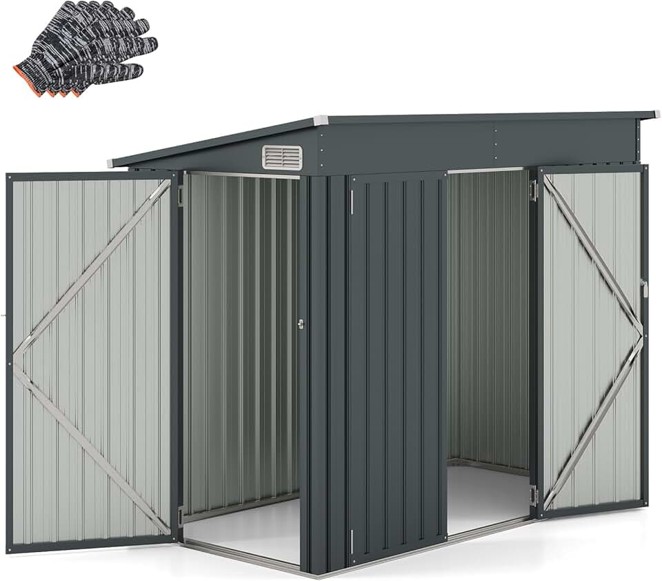 etevert - Cabane de jardin métal 2,6㎡, porte sécurisée, toit penté, 4 gants, aérations.