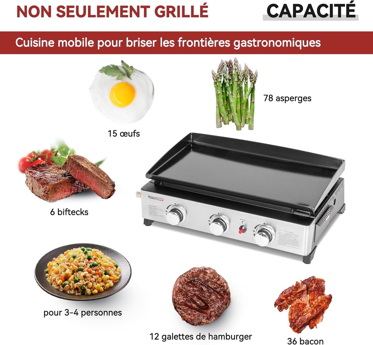 etevert - Plancha Gaz 3 brûleurs - 62x35,5 cm - acier émaillé, portable, 7.5kW