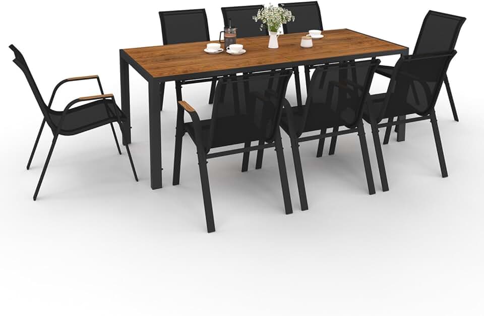 etevert - Noumea - Table 190 cm et 8 chaises empilables, plateau verre effet bois