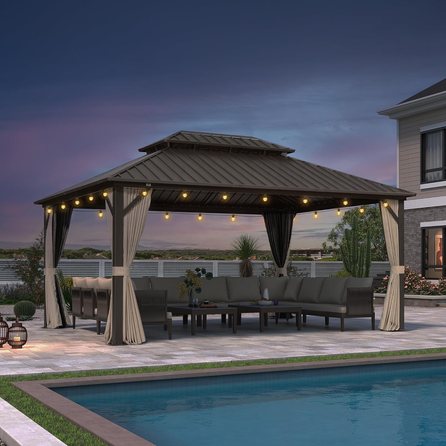 etevert - Pergola Toit Rigide - 4,85x3,65m - Aluminium, Rideaux, Guirlande