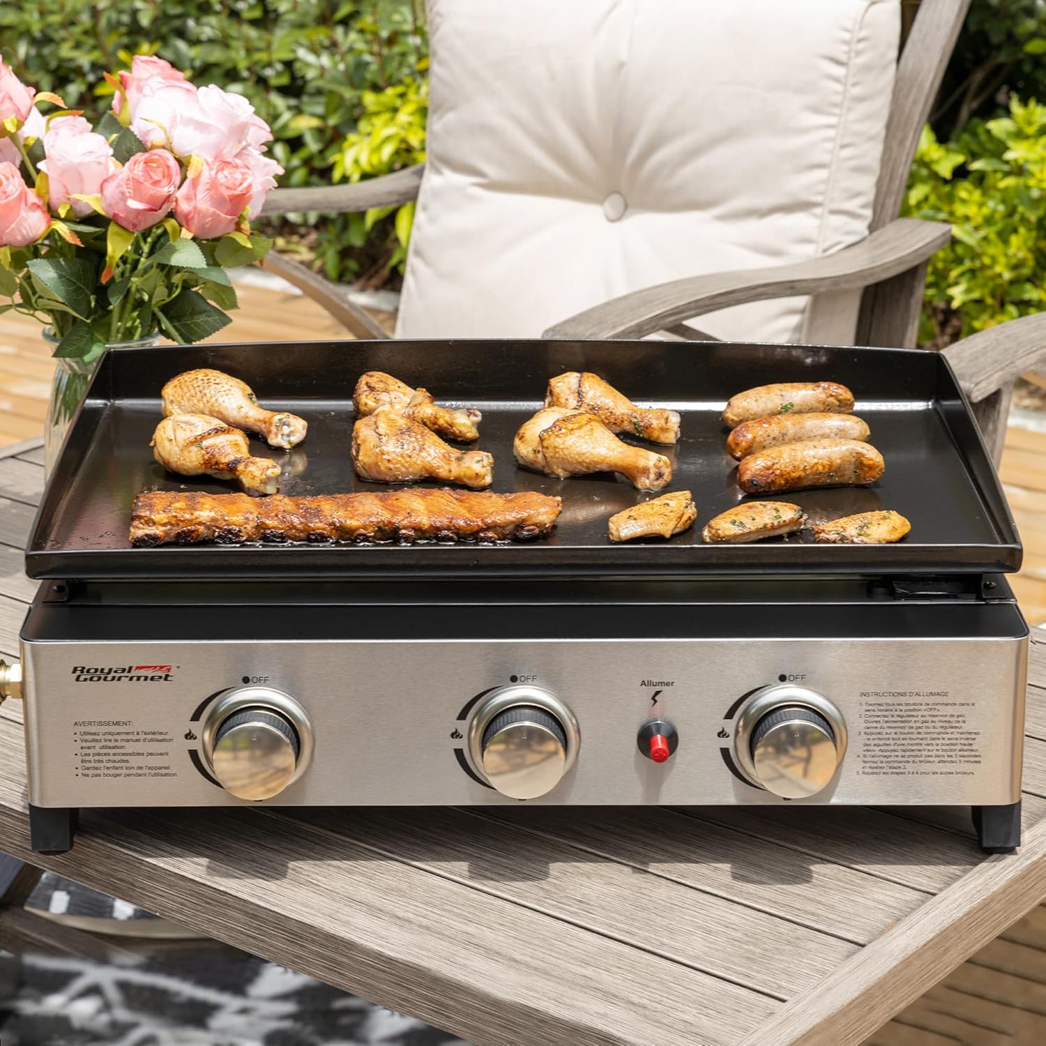 etevert - Plancha Gaz 3 brûleurs - 62x35,5 cm - acier émaillé, portable, 7.5kW