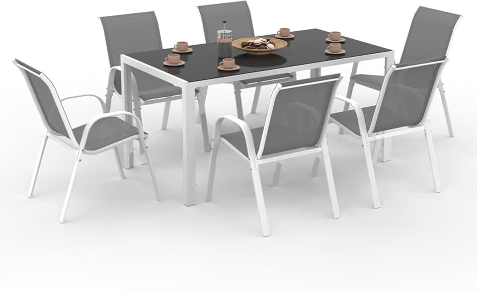 etevert - Madrid salon de jardin 150 cm, 6 chaises empilables, blanc/gris