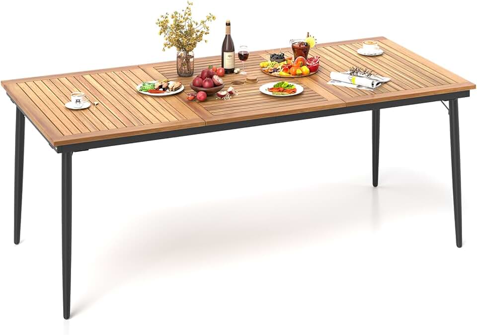 etevert - Table de jardin 8 personnes - 190x90cm - bois acacia, trou parasol 5cm, pieds métal, charge 75kg
