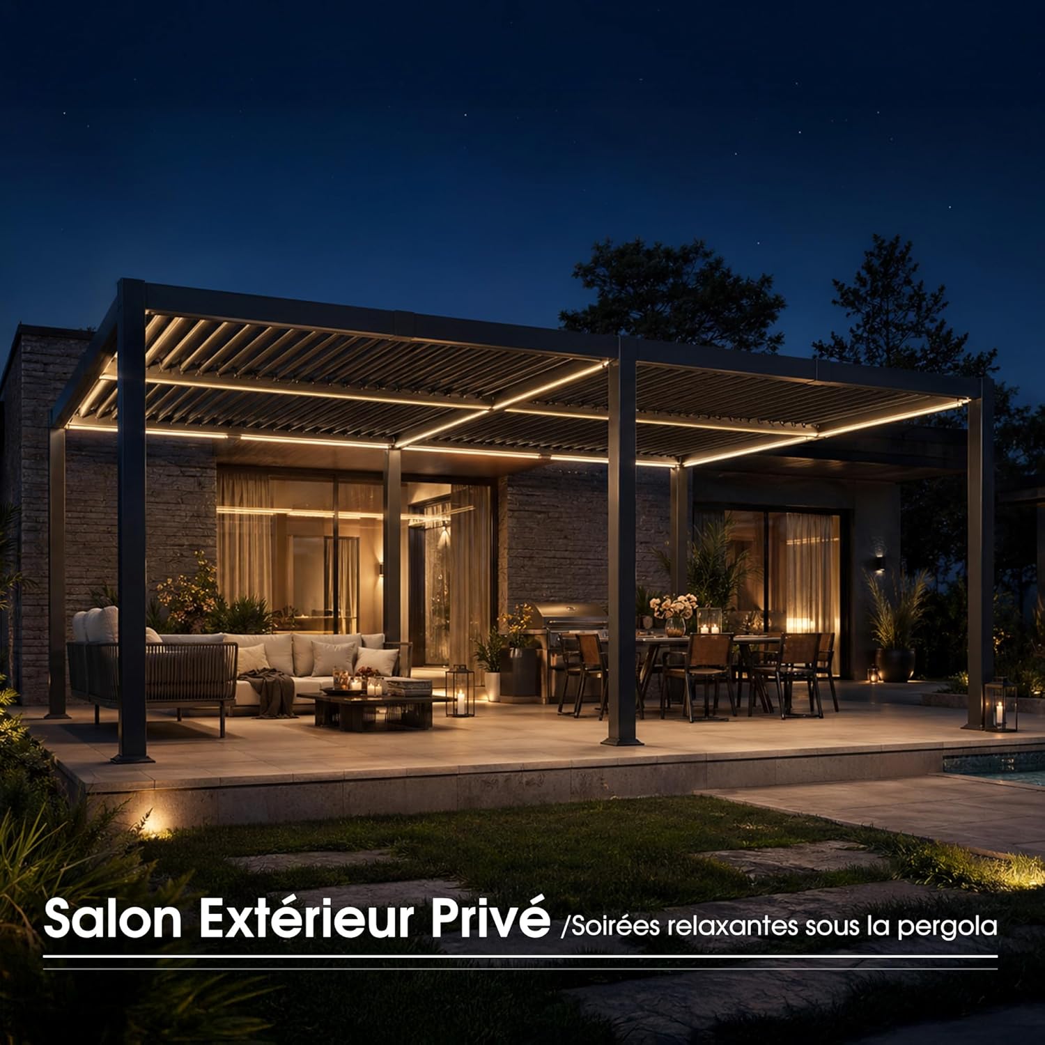 etevert - Pergola bioclimatique - 4x6m - alu lames LED gris