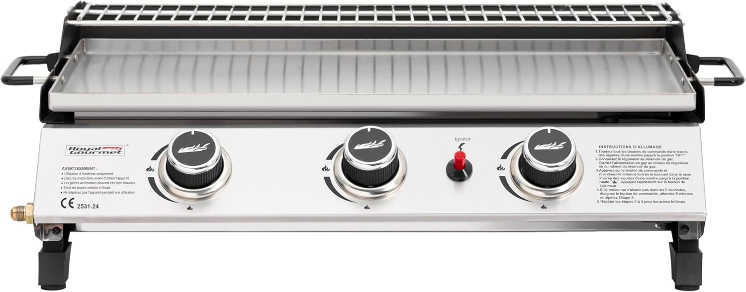 etevert - Plancha gaz inox 3 brûleurs 61,5x32cm, 7,5kW, usage extérieur
