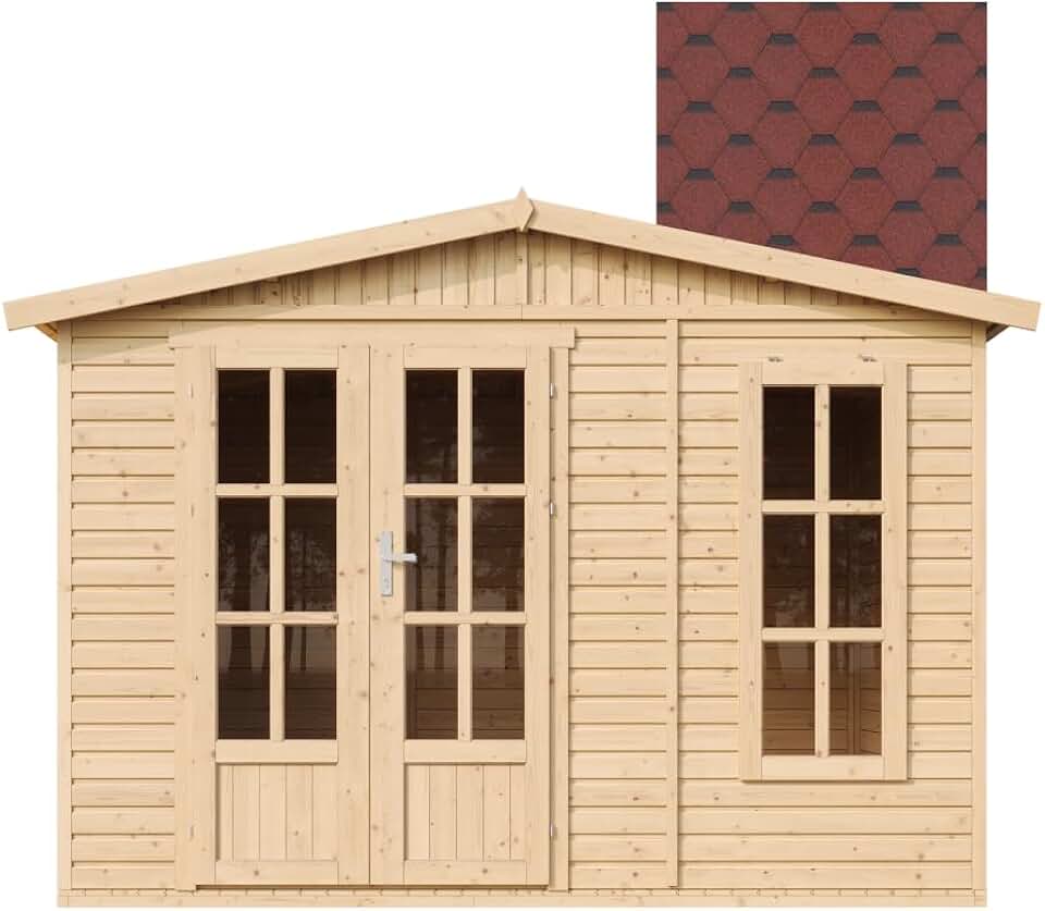 etevert M334FB+H334FBRED Abri de Jardin en Bois 6 m² avec Sol, L332xP222xH232 cm – Chalet de Loisirs, Maison d'Été avec Bardeaux Bitumineux Rouges The Forest Stewardship Council