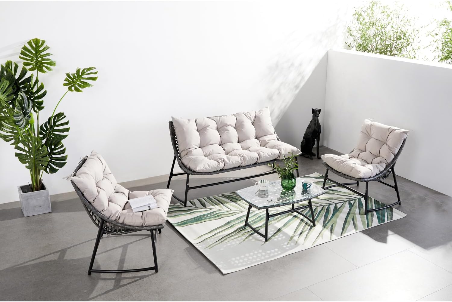 etevert - Guahana - salon bas 4 places, acier, rotin, coussins épais