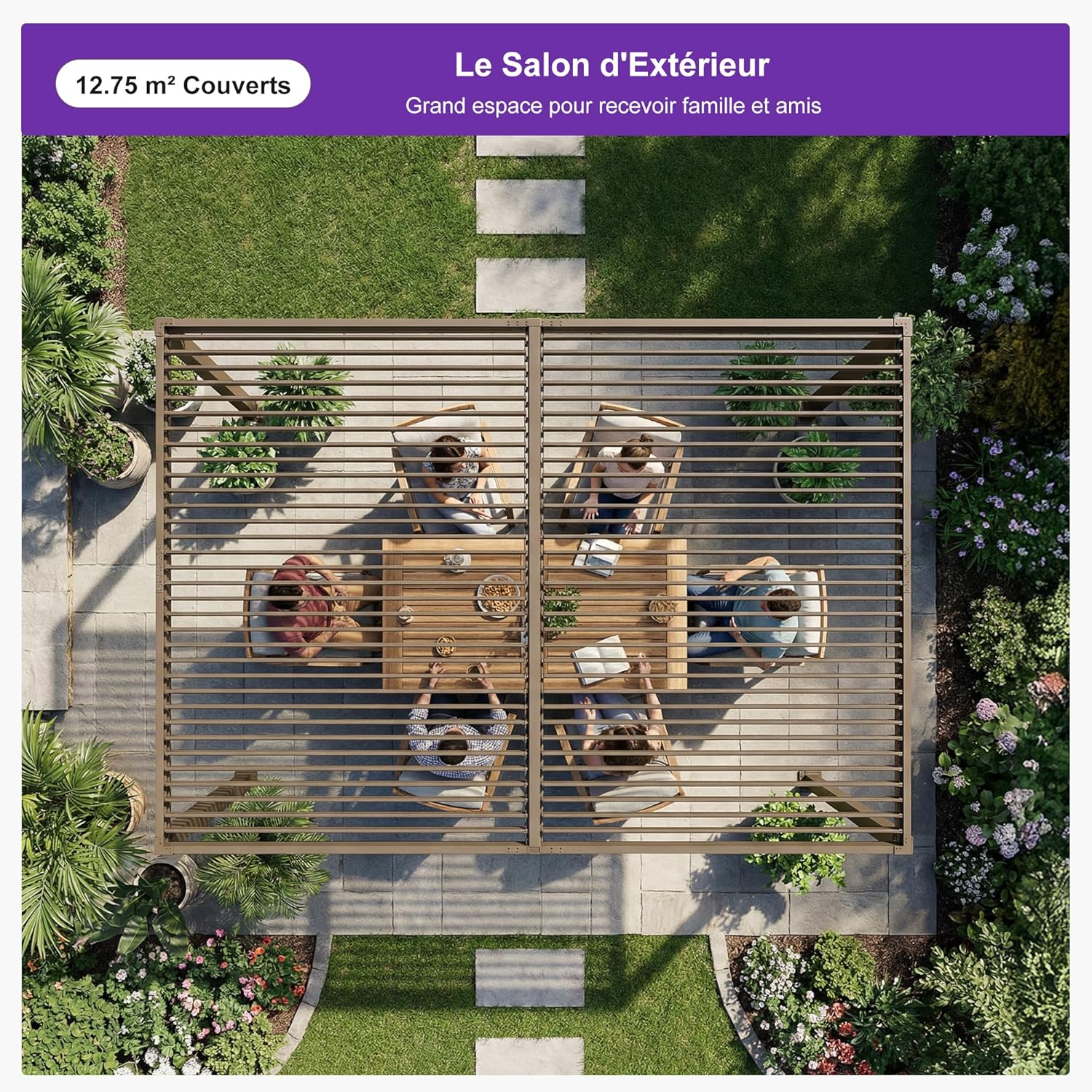 etevert - pergola bioclimatique LED - 3x4,25m - aluminium, lames orientables, anti-UV, sans entretien