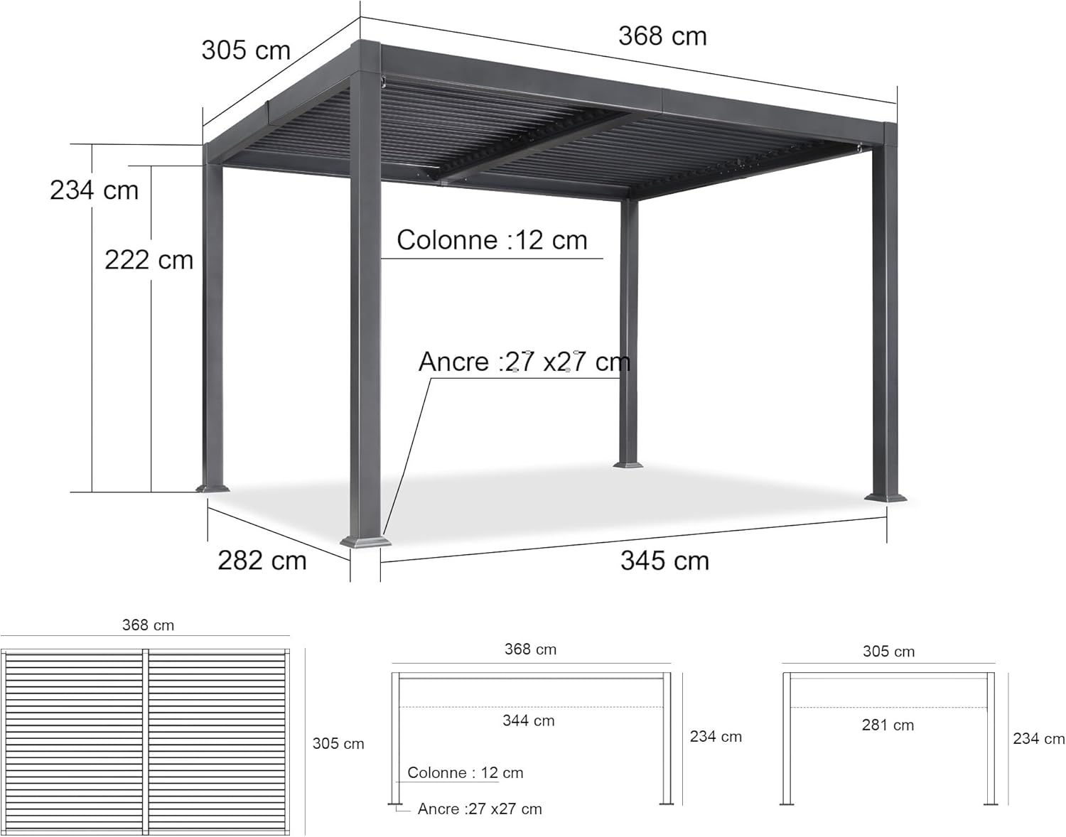 etevert - pergola bioclimatique - 3x3,65m - aluminium, lames orientables, gris