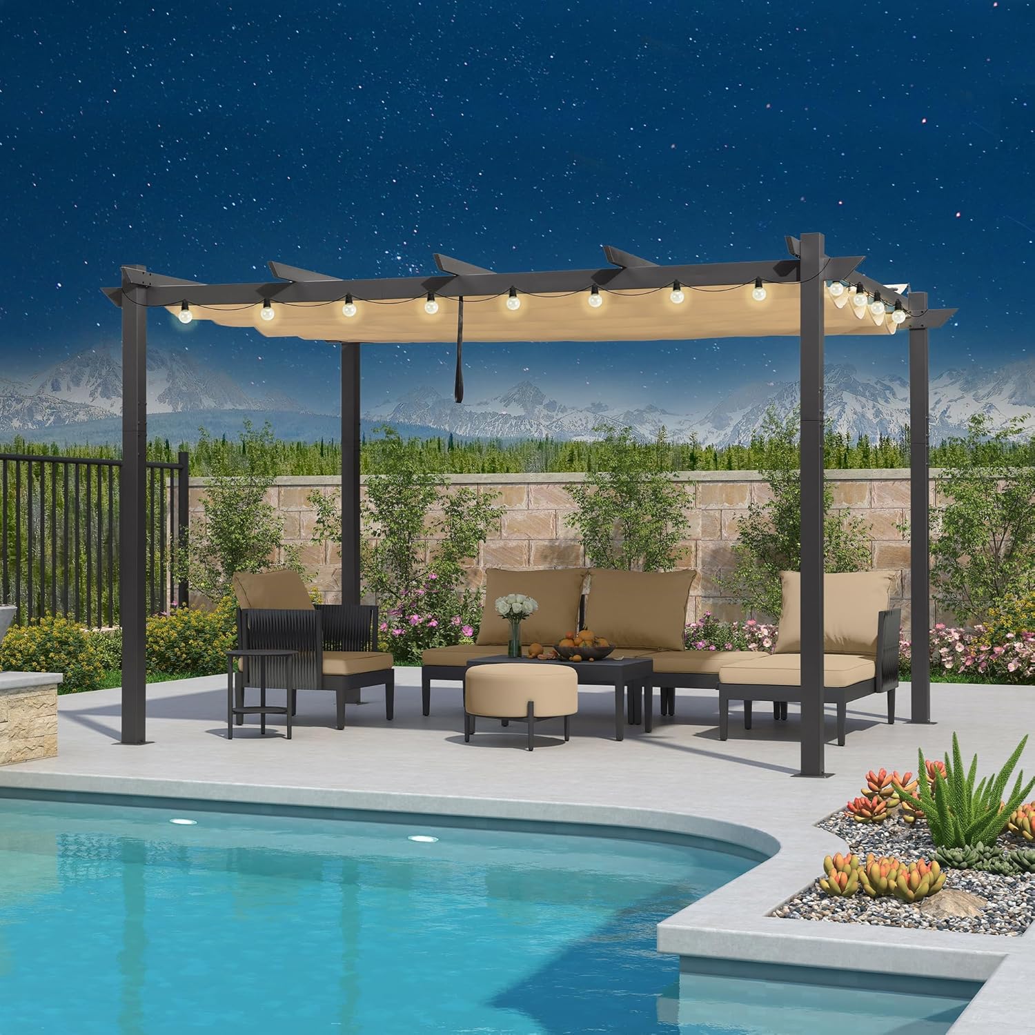 etevert - Pergola aluminium 4x3m, toit rétractable, éclairage intégré