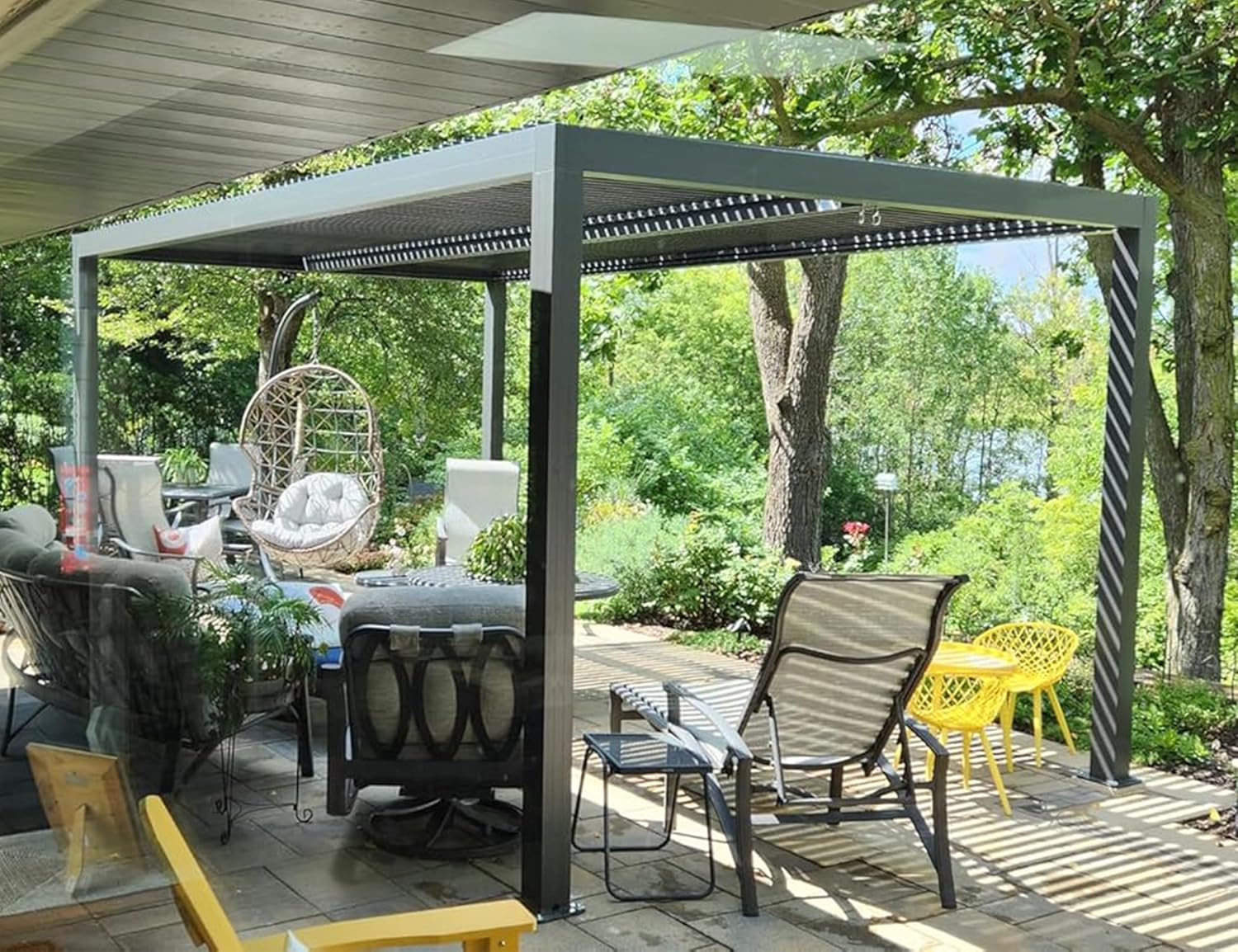 etevert - Pergola bioclimatique - 4,8x3 m - stores enrouleurs, lames orientables, gris