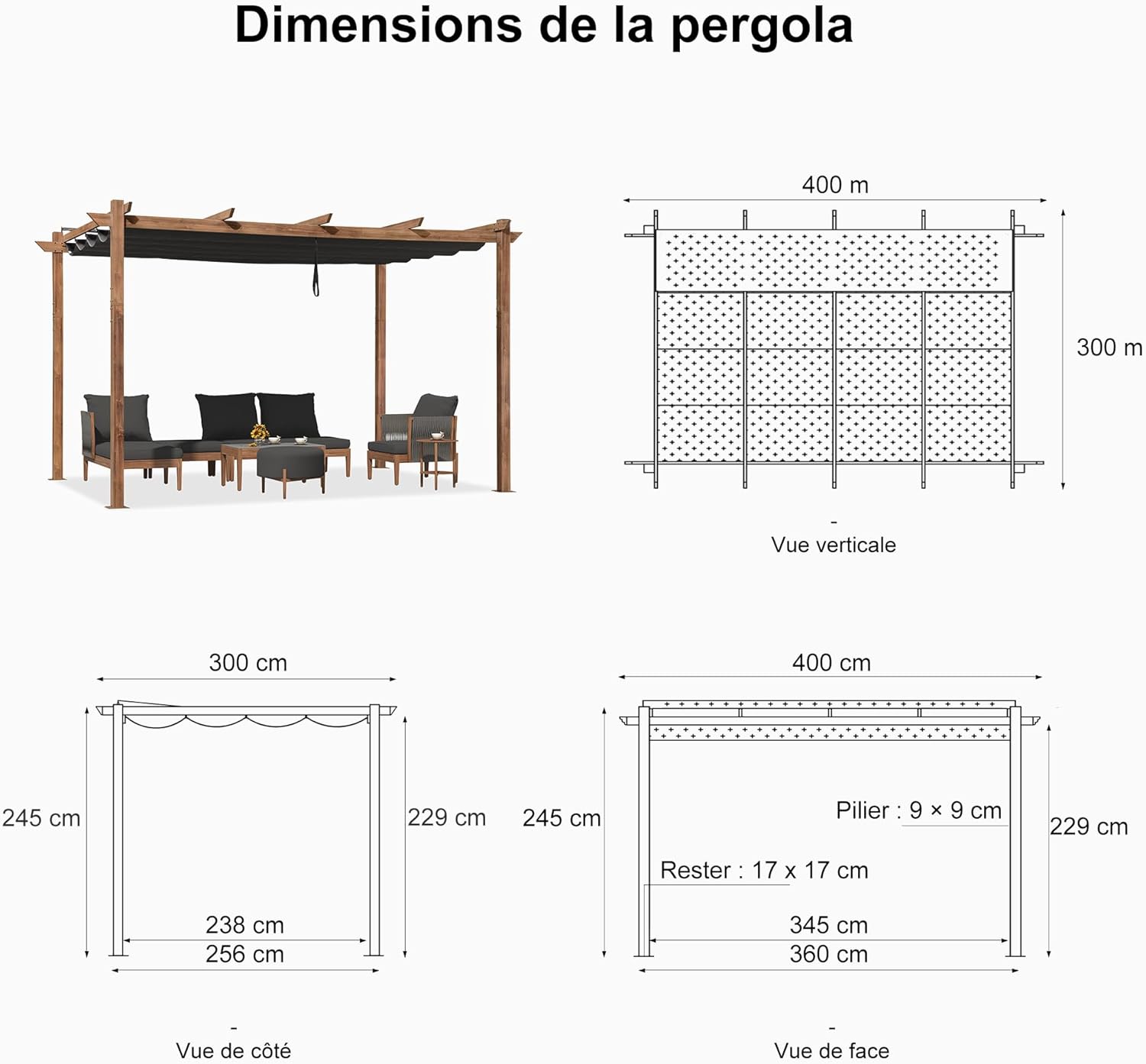 etevert - Pergola aluminium - 4x3m - toile rétractable, teck, imperméable
