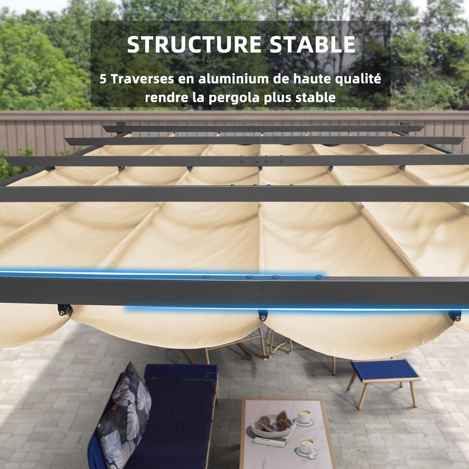 etevert - Pergola aluminium LED, toit rétractable, 4x3m, kaki
