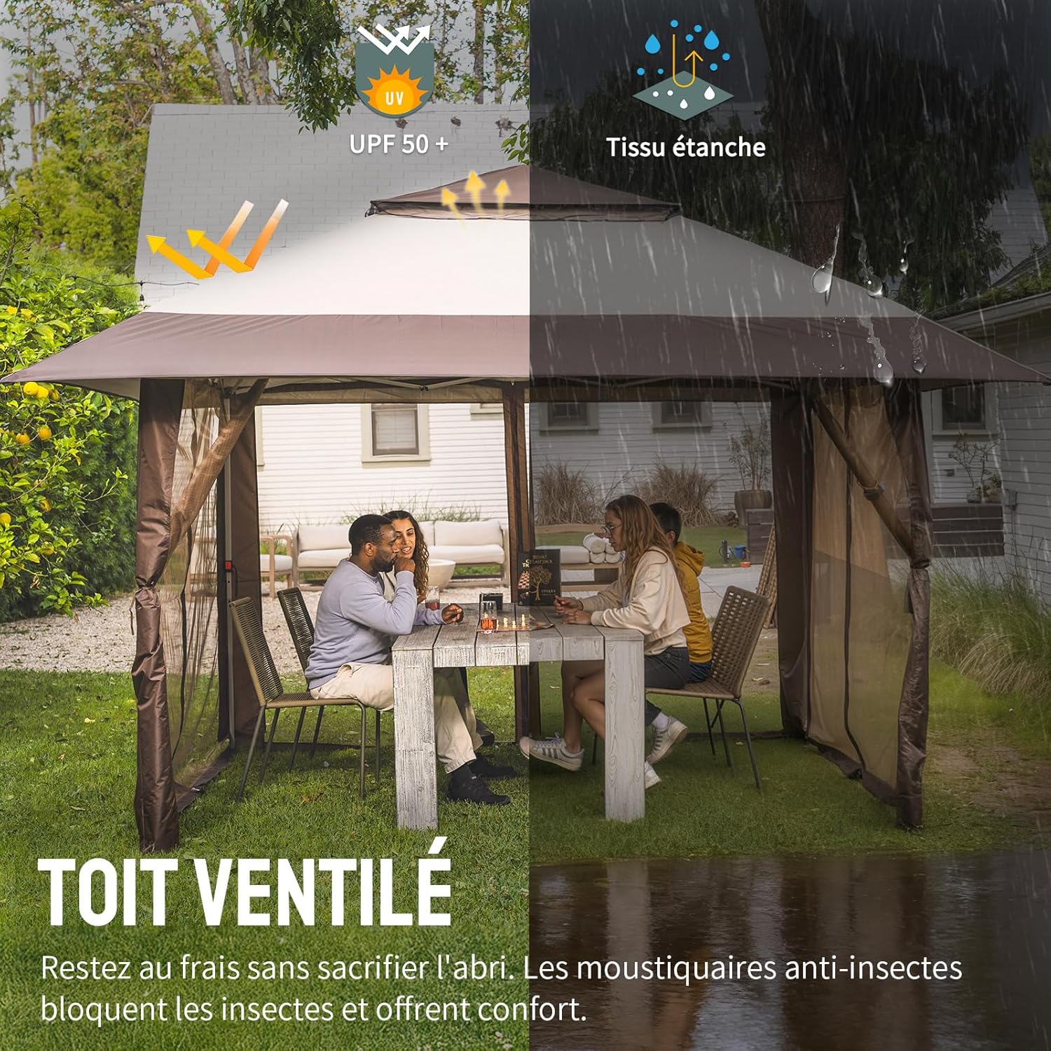 etevert Tonnelle de Jardin 4 x 4 m, Pop Up Gezebo Exterieur Imperméable, Abri de Jardin Réglable en Hauteur, Double Toit avec Côtés en Maille Zippée, Sac de Transport, Beige