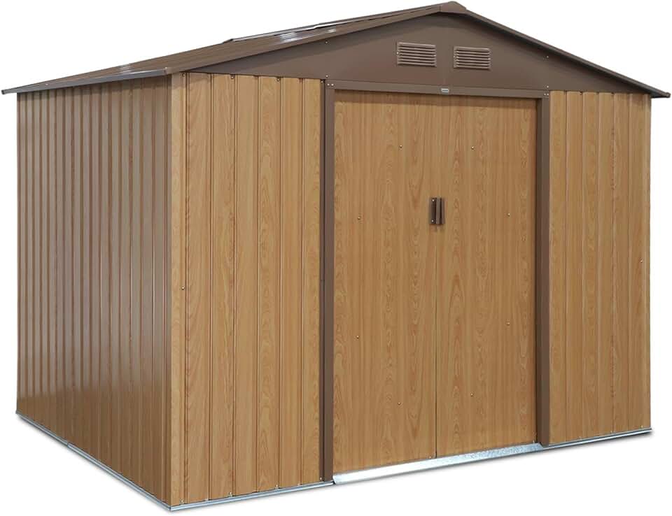 etevert - Abri de Jardin en métal - FERRAIN 5.29m² Couleur chêne - Cabane à Outils avec Deux Grandes Portes coulissantes. kit de Fixation Sol Inclus. Maison de Rangement. Remise