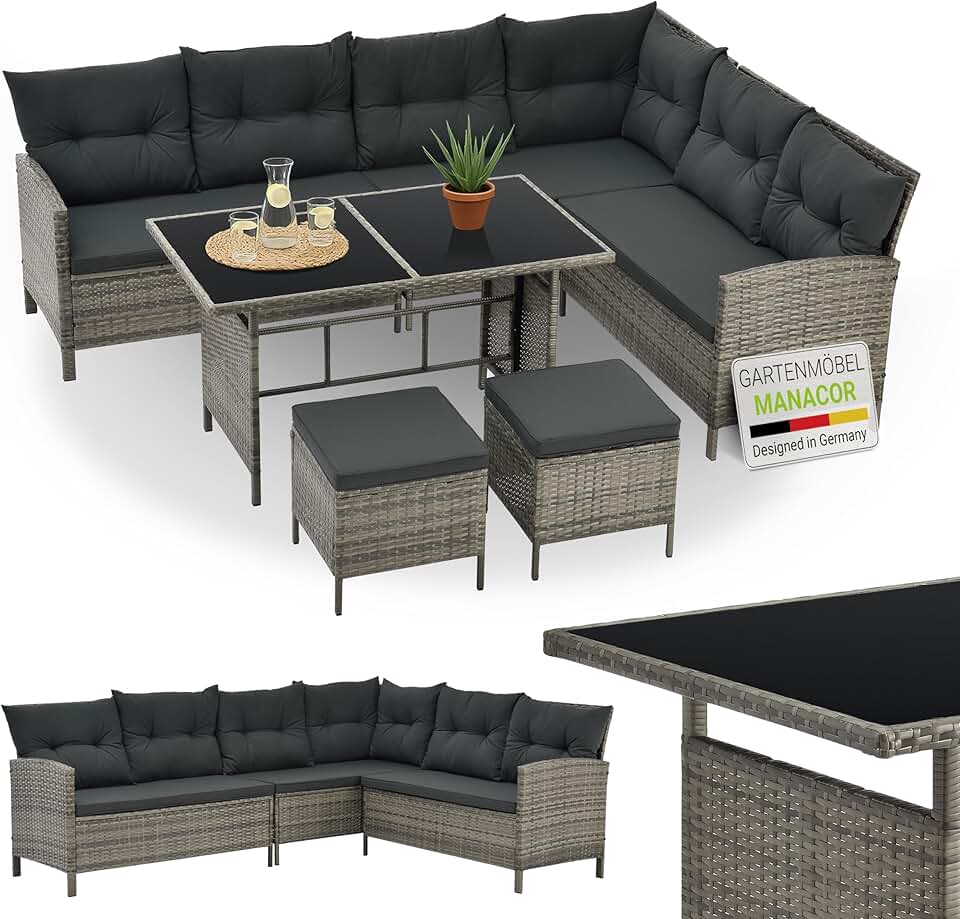 etevert - Salon de Jardin Manacor - 7 places - Canapé, table, tabourets, coussins, housses, polyrotin gris