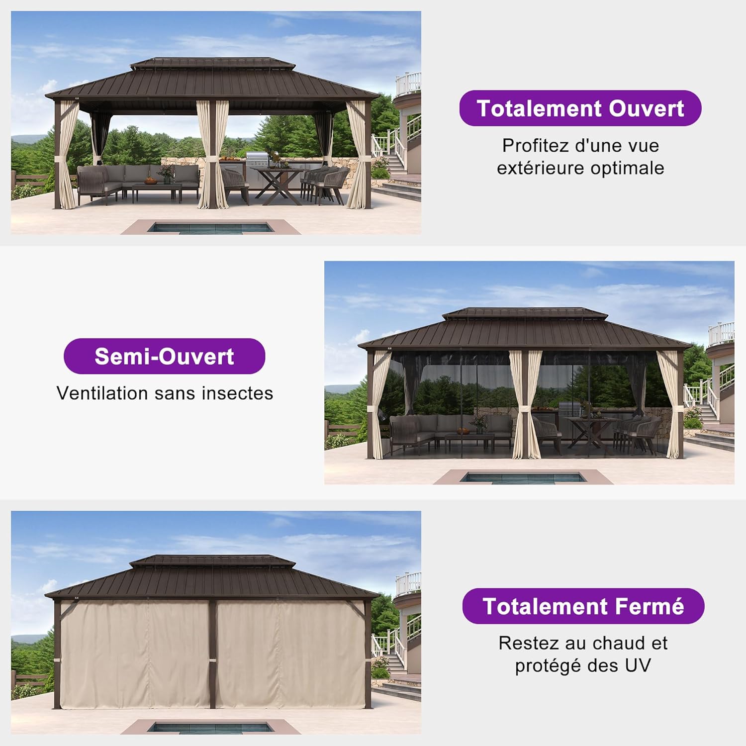 etevert - pergola double toit rigide 6x3,65m, aluminium, guirlande, rideaux