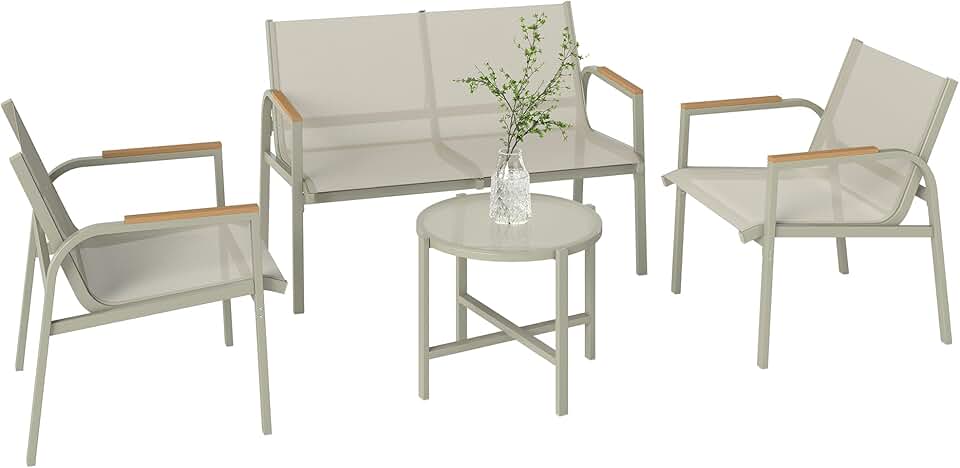 etevert - Salon de jardin 4 pièces textilène - 2 places, 2 fauteuils, table verre, vert
