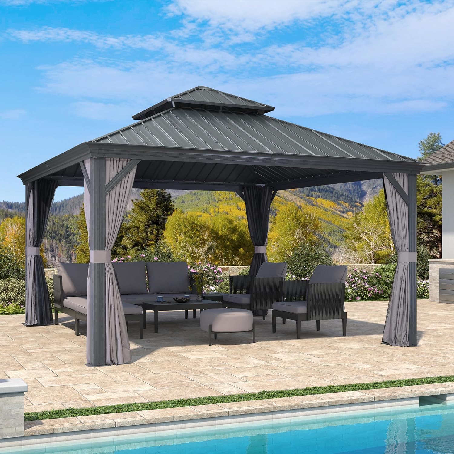 etevert - tonnelle double toit acier 4x4m, rideaux, moustiquaire