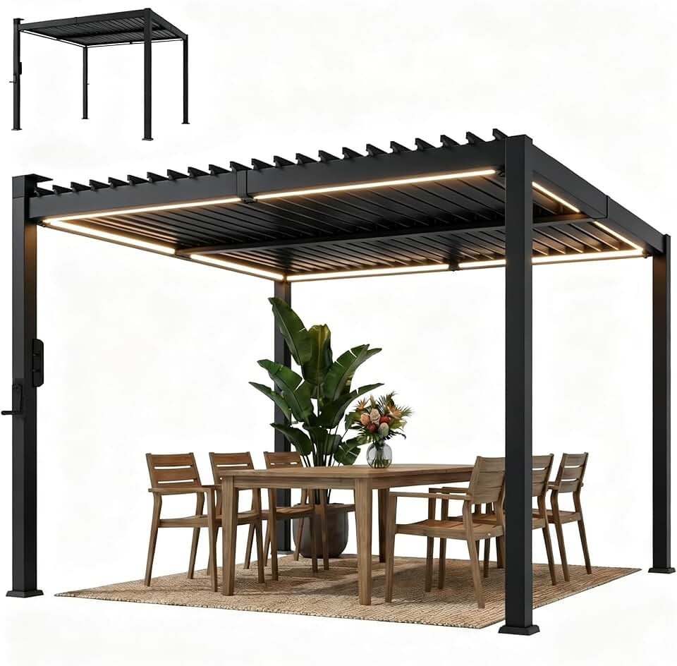 etevert - Pergola bioclimatique 3x3m - LED solaires, lames orientables, toit métal, gouttières