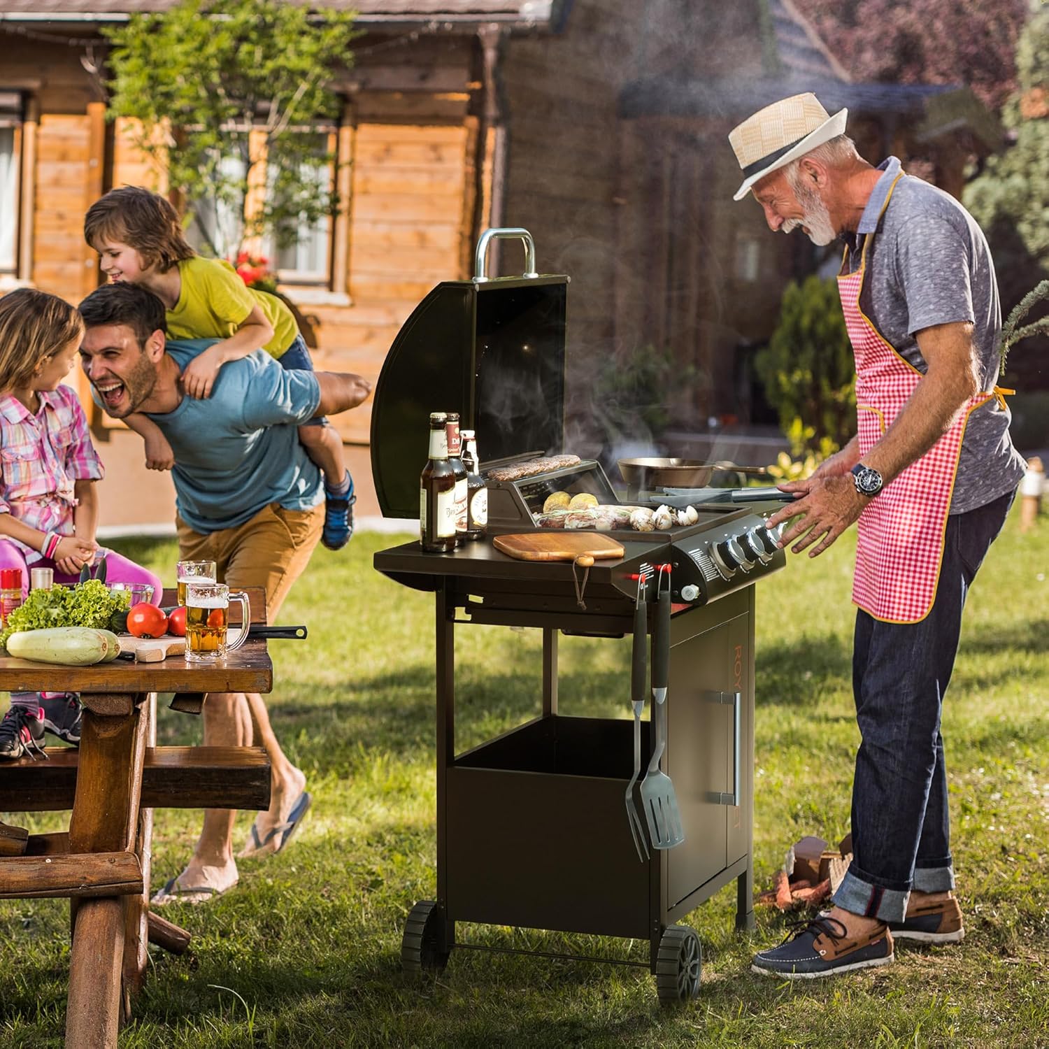 etevert - barbecue gaz 3+1 brûleurs inox - 11,5 kW - chariot, 2 roues, thermomètre