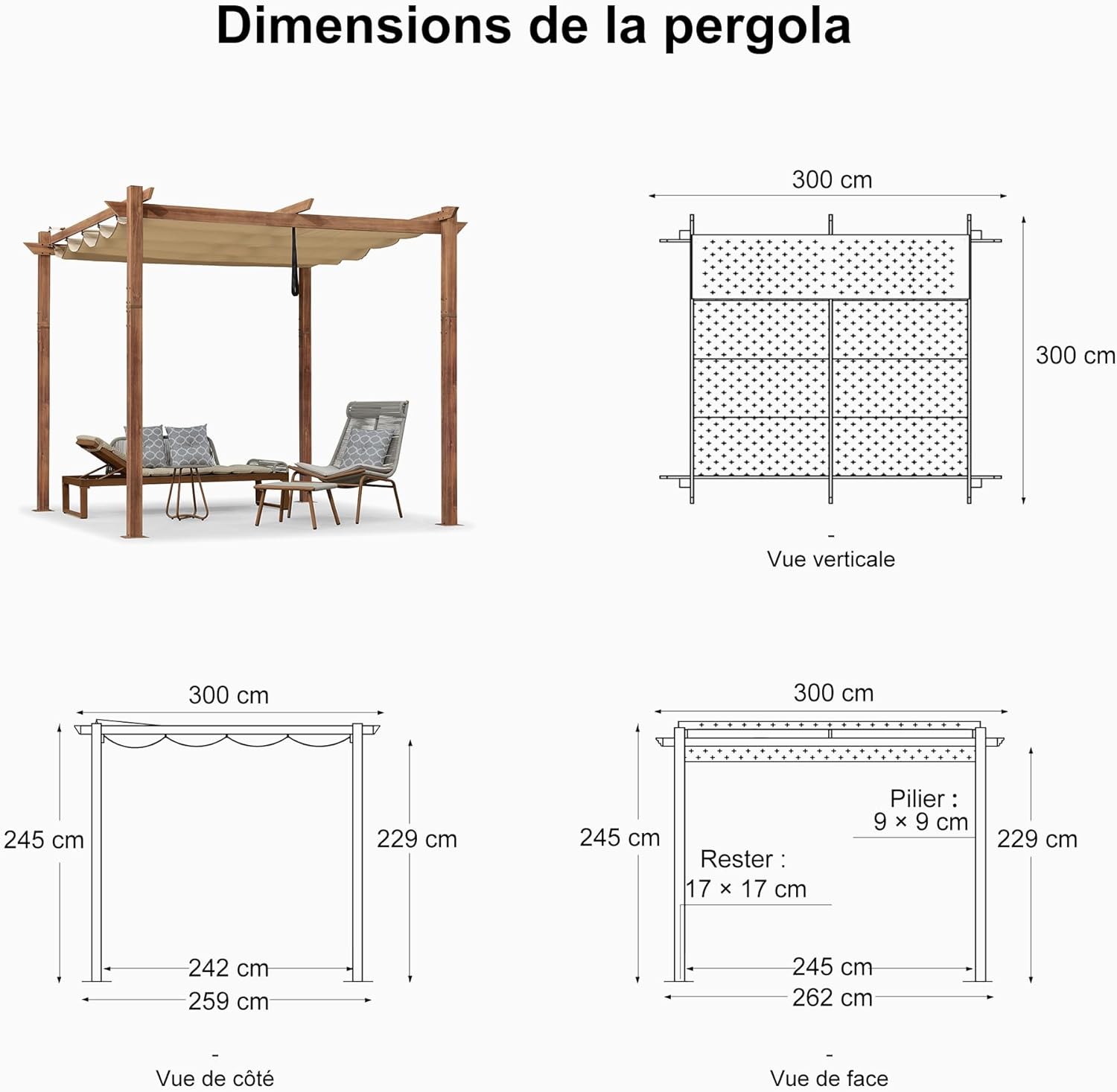 etevert - pergola aluminium - 3x3m - teck, toile rétractable, kaki