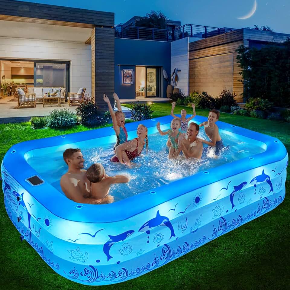 etevert Piscine Gonflable Adulte avec Lumières, Solaire Familiale Piscines Gonflables Rectangulaire avec 12 Mode D'éclairage,240x150x55CM Grande Piscine Gonflable Enfant, Pataugeoire Bebe pour Jardin