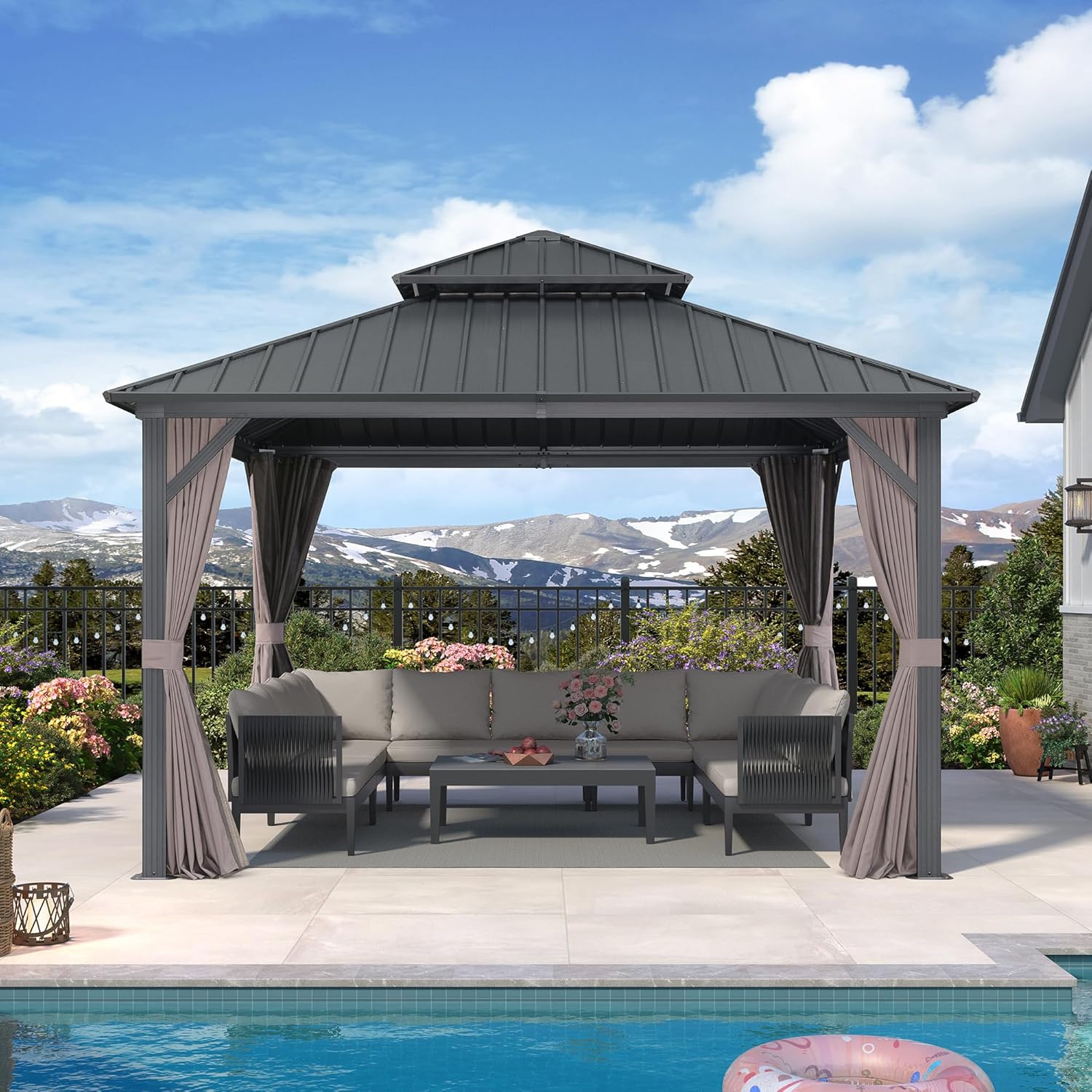 etevert - Pavillon jardin double toit alu 3,65x3,65m, rideaux, moustiquaire