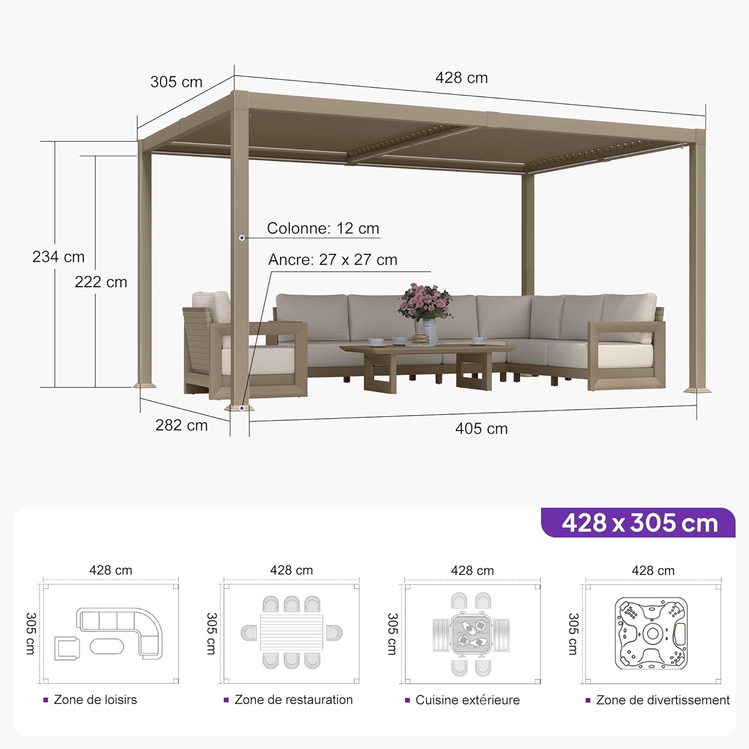 etevert - pergola bioclimatique LED - 3x4,25m - aluminium, lames orientables, anti-UV, sans entretien