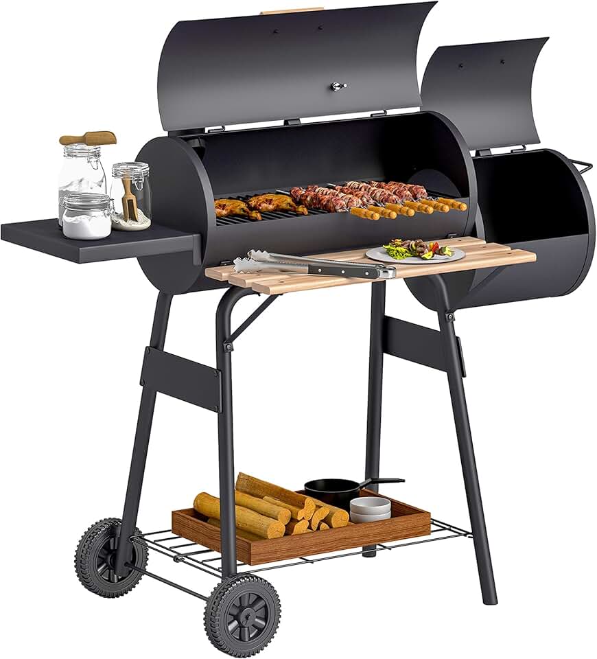 etevert - barbecue fumoir sur pied - acier noir - roulettes, étagères, thermomètre