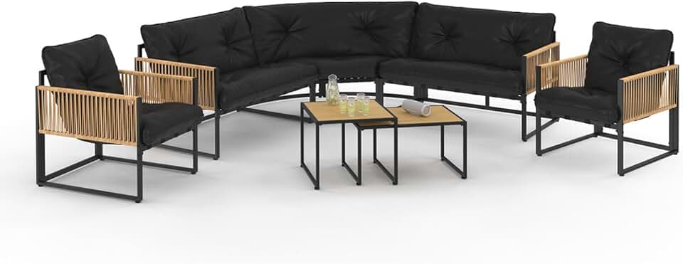 etevert - Rio salon de jardin angle 8 places métal rotin coussins noir