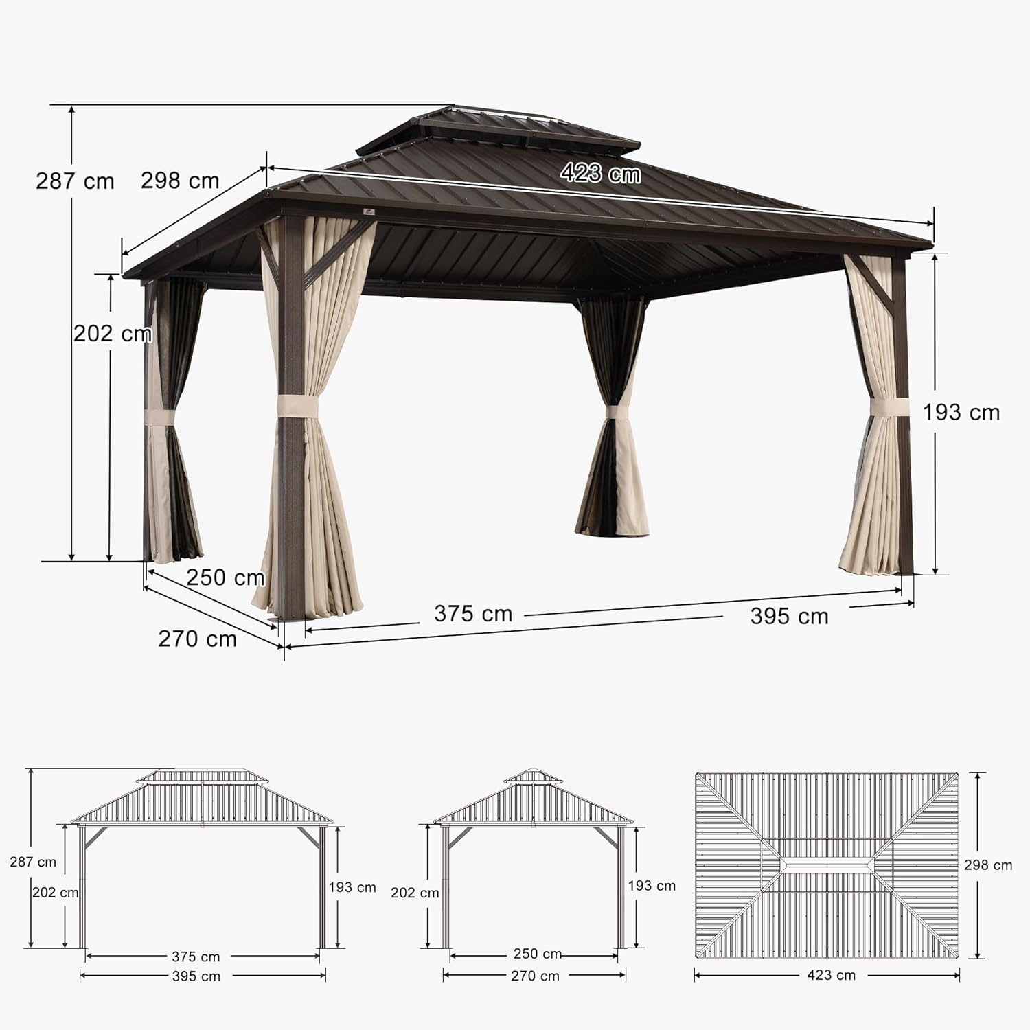 etevert - Pergola toit rigide - 4,25x3m - acier, aluminium, guirlande