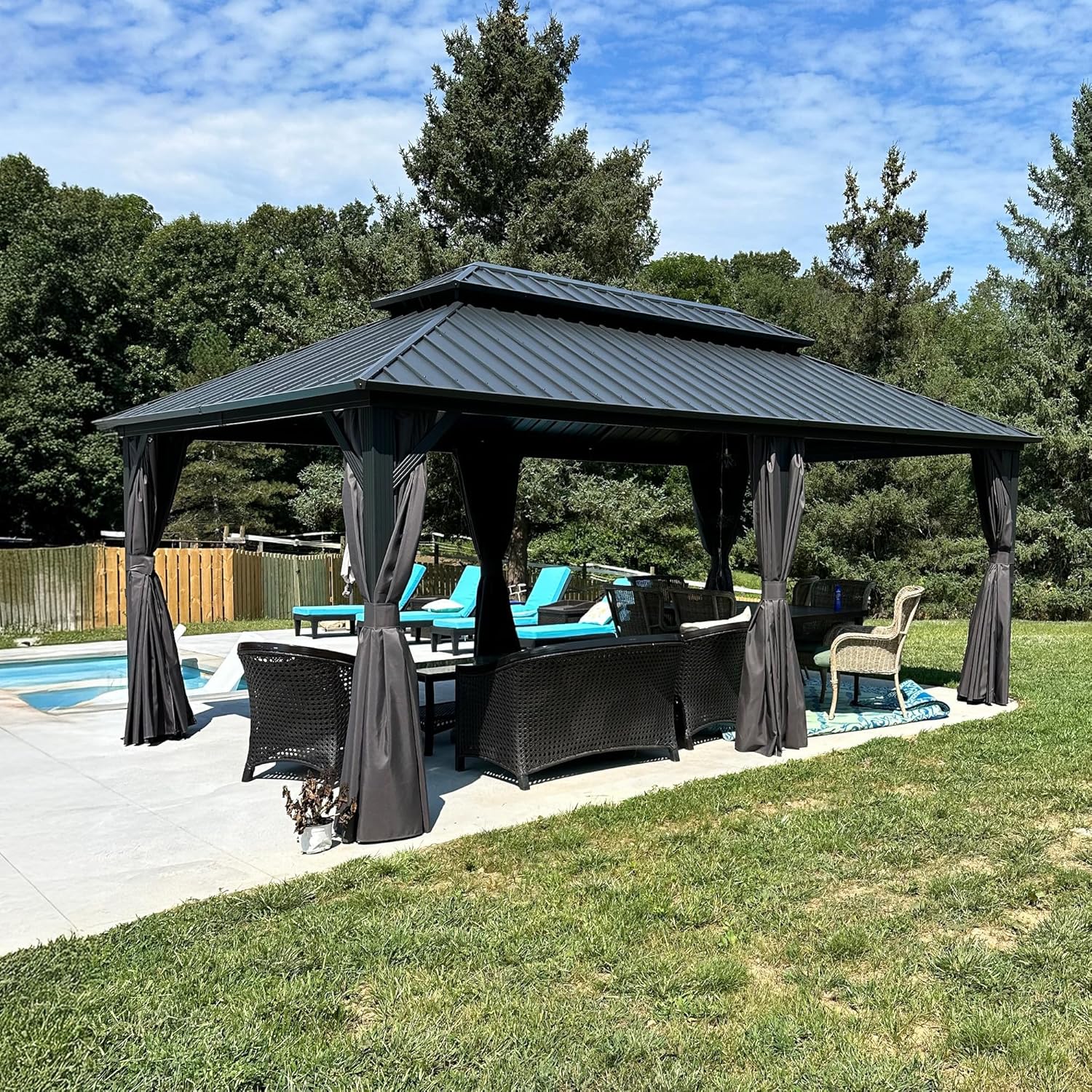 etevert - Tonnelle double toit rigide, 6 x 3,65 m, moustiquaire, aluminium, gris
