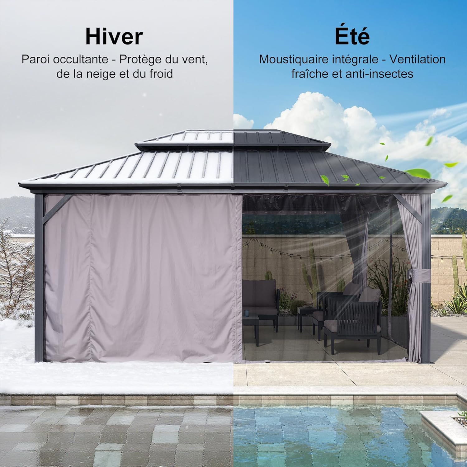 etevert - pergola série double toit - 4,85x3,65 m - alu acier, rideaux, moustiquaire