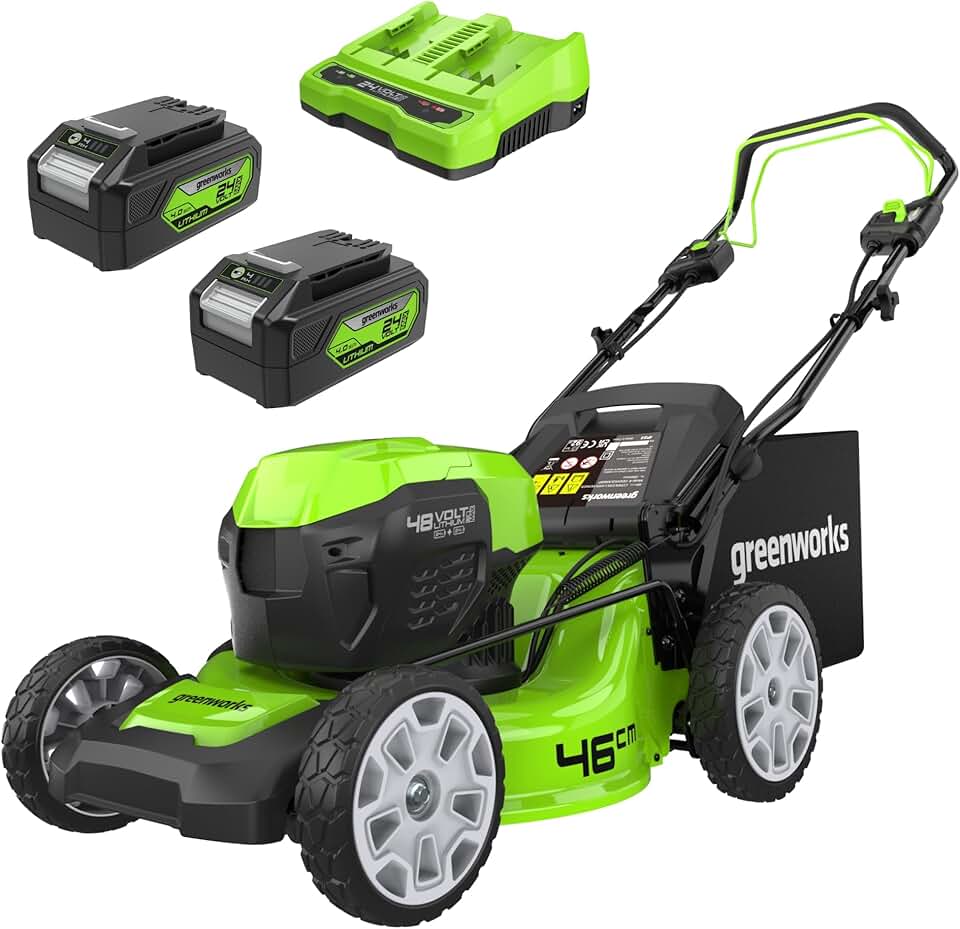 etevert 48V (24V x 2) Tondeuse à Gazon Sans Fil Autopropulsée Pelouses Jusqu'à 480m², Largeur de Coupe 46cm, Sac 55L, INCLUS 2 X 24V 4Ah et Chargeur Double, Garantie 3 Ans , GD24X2LM46SPK4X