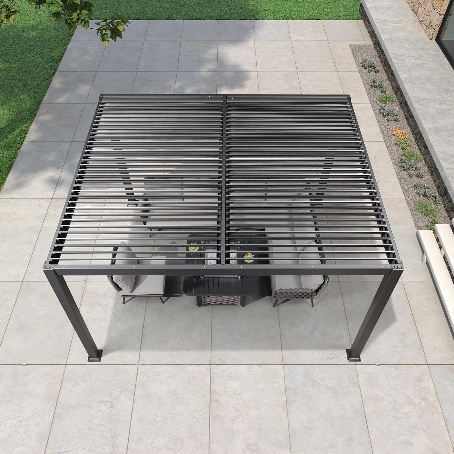 etevert - pergola bioclimatique - 3x3,65m - aluminium, lames orientables, gris