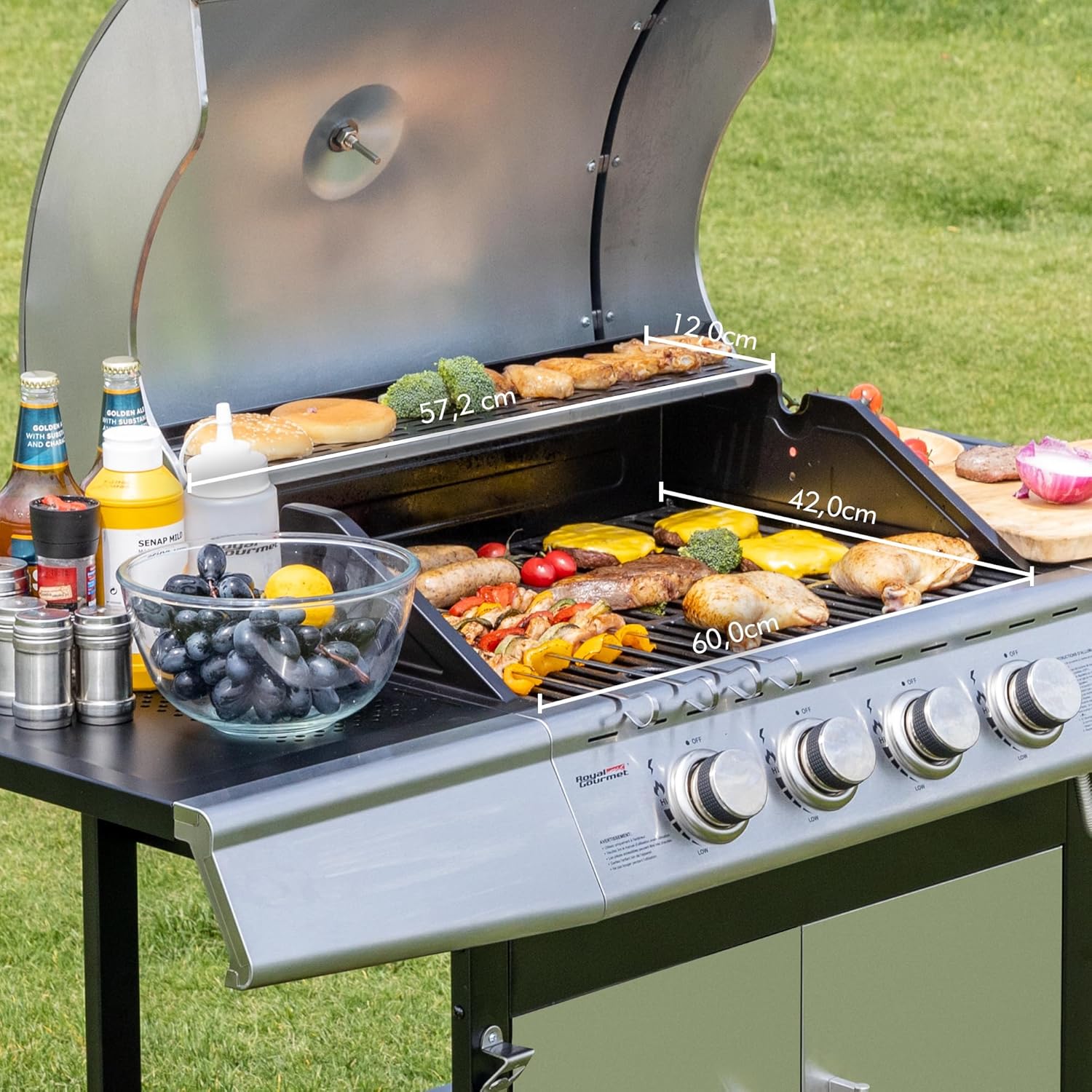etevert - Barbecue Gaz 4+1 brûleurs inox - 14,5kW - 2 portes, thermomètre, roues directionnelles