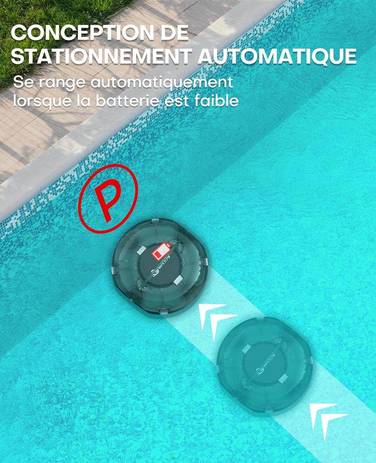 etevert Winny 200 Robot Piscine, Aspirateur Piscine Sans Fil Avec Batterie, Autonomie 75 Min pour Piscines Hors-Sol 60m², Double Filtration,Stationnement Automatique(Transparent Vert Blanc)