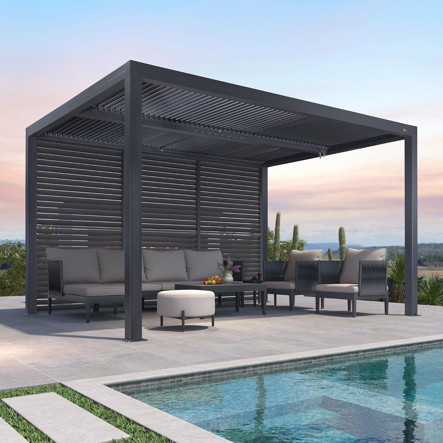 etevert - Pergola bioclimatique 4x3,3m alu, lames orientables, gris