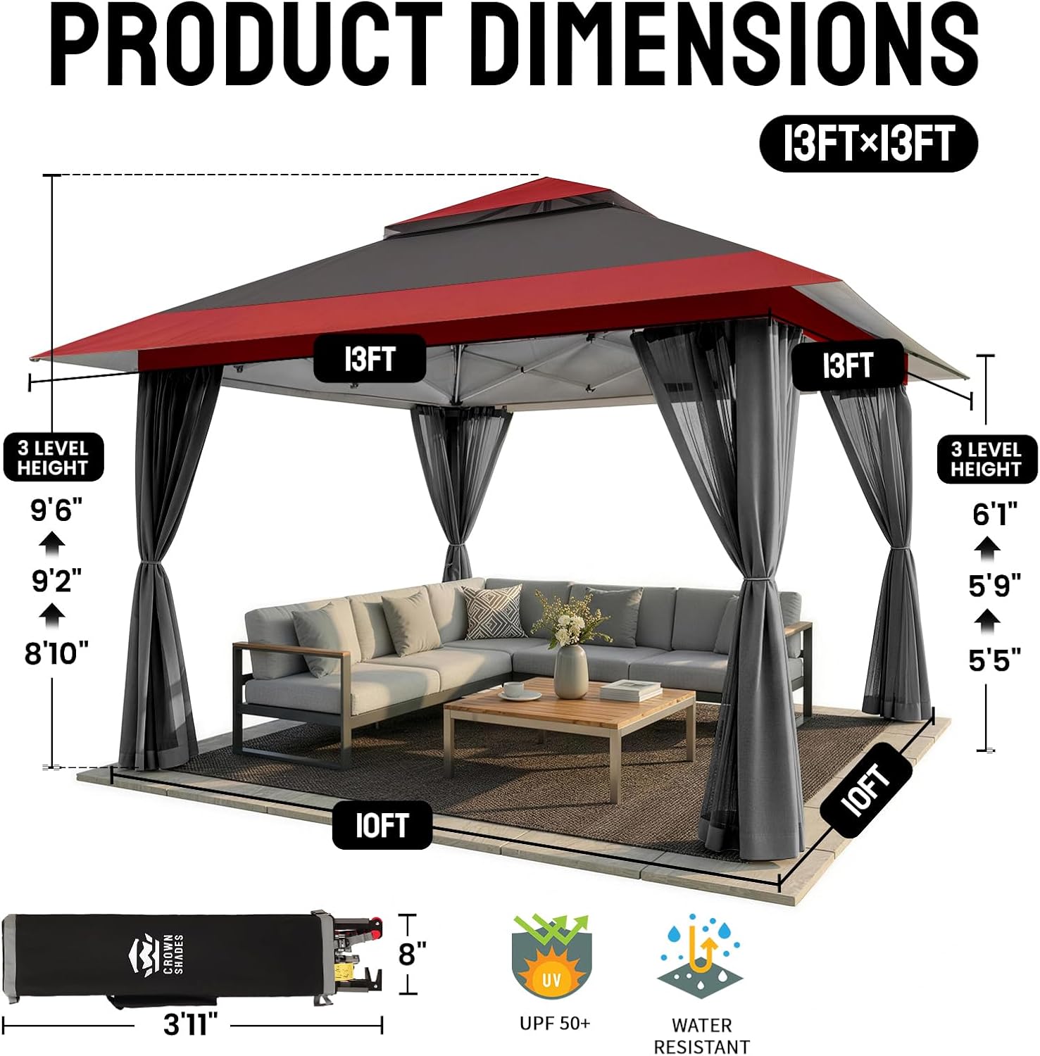 etevert - tonnelle série pop up - 4x4m - imperméable, hauteur réglable, double toit, côtés zippés, sac transport