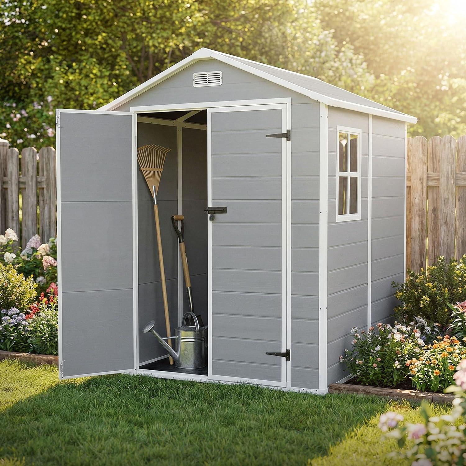 etevert - abri de jardin résine, 151x182x220 cm, double porte, fenêtre, 5m³